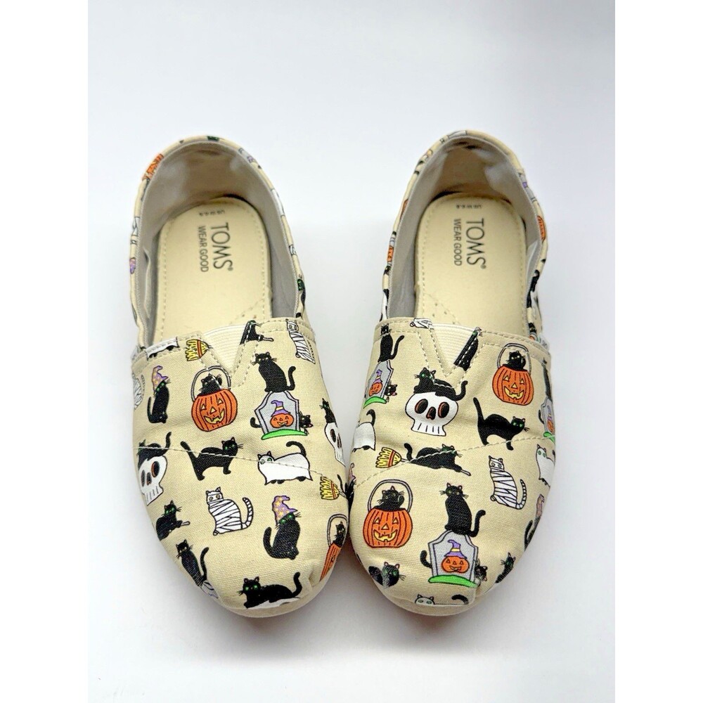 TOMS Belmont Slip On Shoes Womens 6.5 Halloween Cats Skull Pumpkin Canvas
